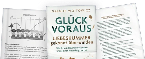 Aufgeschlagenes Buch oder Broschüre mit dem Titel 'GLÜCK VORAUS' und mehreren Textseiten